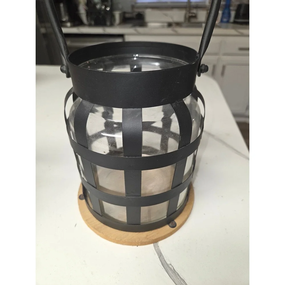 Black Metal Cage Lantern Glass Hurricane Wood Base Industrial Farmhouse Decor